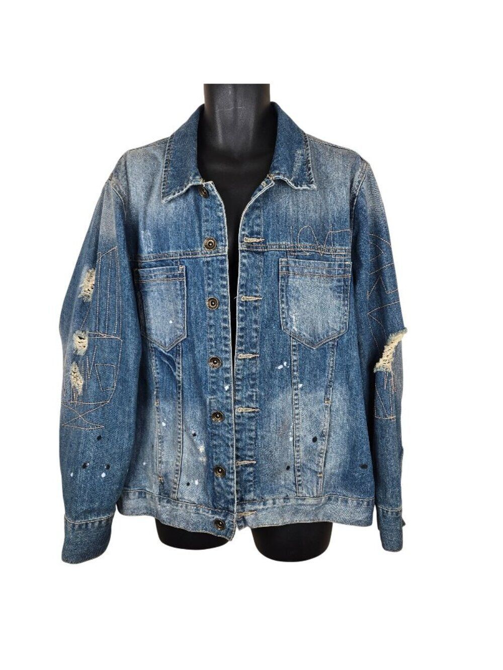 Guess Mens XL Distressed Denim Jean Jacket Blue Embroidered Sleeve Details